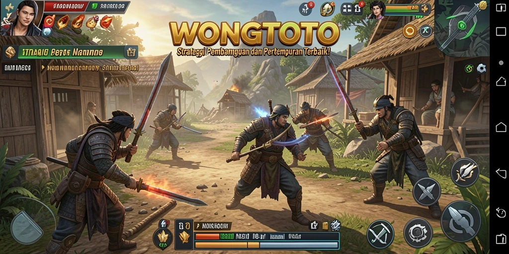 Gameplay WONGTOTO menampilkan pembangunan kerajaan dan pertempuran strategi.